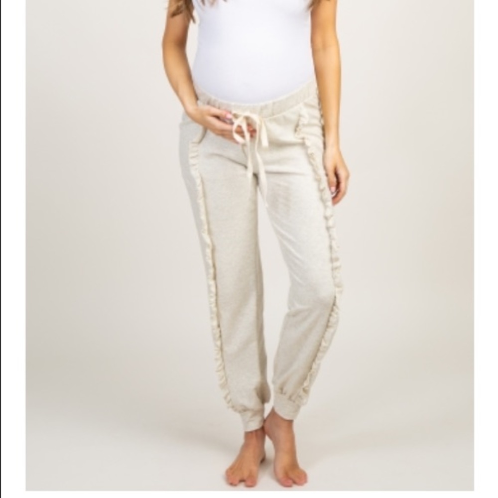 Beige Ruffle Trim Sweatpants